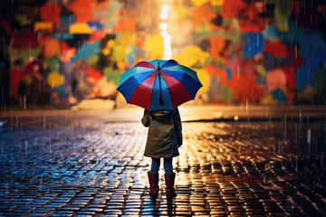 Child holding a colorful umbrella in the rain on a city street.