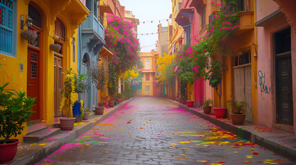 An empty street is bathed in the soft light of morning, its surface adorned with vibrant colors from the Holi festival, exuding a serene post-celebration atmosphere.  generative ai - obrazy, fototapety, plakaty
