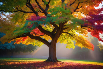 A tree that has colorful leaves like the colors of a rainbow, which looks very beautiful with rainbow decorations