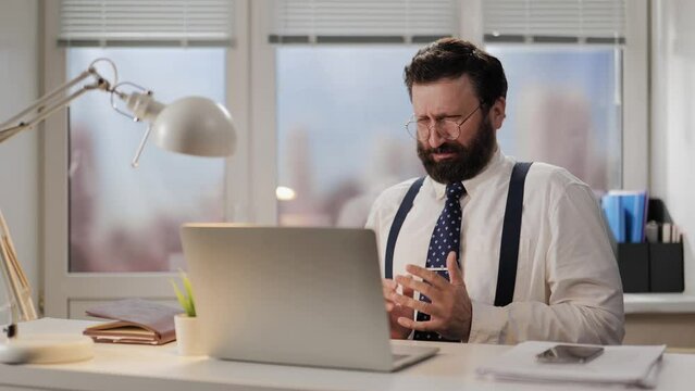 Man disgust, ugh, dissatisfied emotion. Picky and irritated office worker is disgusted by what he sees