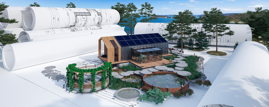Planung eines Einfamilienhauses in Scheunen-Architektur mit Photofoltaik und Gartengestaltung (Küstenlandschaft im Hintergrund) - panoramische 3D Visualisierung