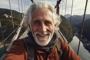 Happy elderly man taking a selfie on a suspension bridge with scenic view.