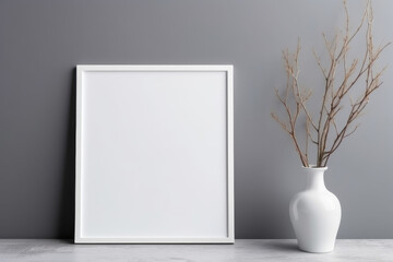Empty white picture frame mockup with dry twigs in vase on a grey background. - Powered by Adobe