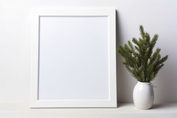 Fototapeta na wymiar White picture frame mockup with space for text next to a pine branch in a vase