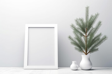 White picture frame mockup with space for text next to a pine branch in a vase