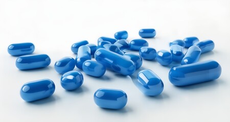  A collection of blue capsules on a white background