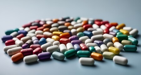 Obraz na płótnie Canvas Vibrant assortment of colorful pills on a blue background