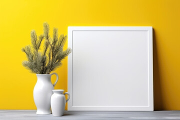 White frame mockup with a ceramic jug and decorative plant on a yellow background