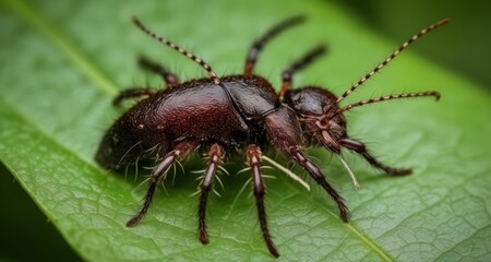  Close-up of a vibrant red and black insect on a green leaf