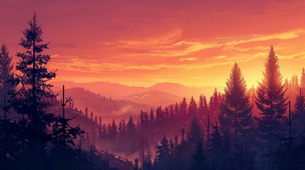 A serene sunset painting the sky with shades of orange and pink, silhouetting trees against the horizon.