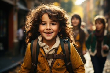 Fototapeta premium Happy child with backpack running on a city street.
