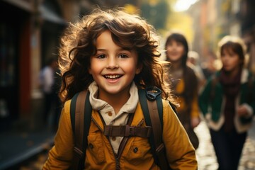 Happy child with backpack running on a city street.