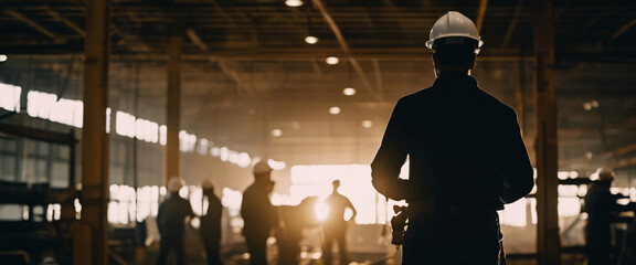 A silhouette of construction electrician working in a factory, worker with helmet, electrical worker in action