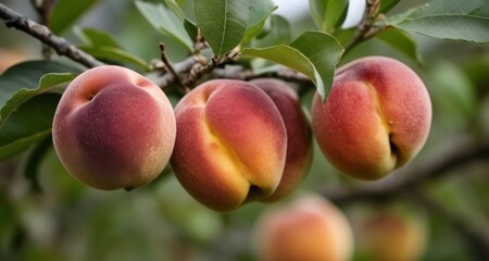  Ripe peaches hanging from tree branch, ready for harvest