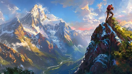 A climber is ascending towards the summit, navigating a mountain path surrounded by breathtaking views.