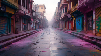 Fototapeta na wymiar An empty street is bathed in the soft light of morning, its surface adorned with vibrant colors from the Holi festival, exuding a serene post-celebration atmosphere. generative ai