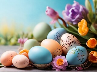 Easter eggs on floral background.