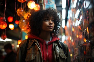 Obraz premium Young woman standing in front of colorful lanterns at night.