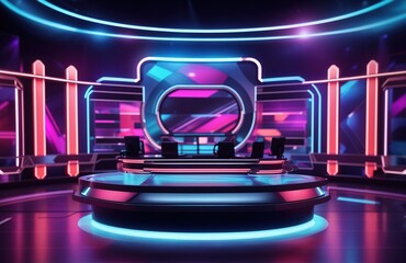 Modern tv game show studio set glowing with neon lights and futuristic design - obrazy, fototapety, plakaty
