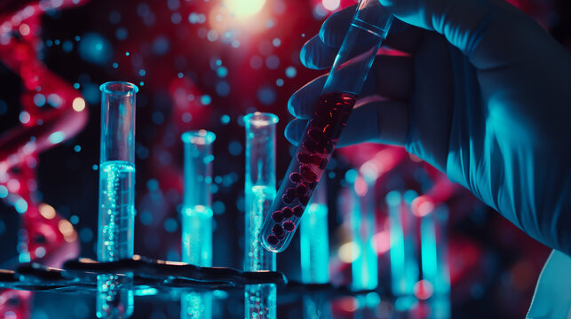 scientist holding medical testing tubes or vials of medical pharmaceutical research with blood cells and virus cure using DNA genome sequencing biotechnology