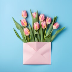 Pink tulips in envelope on blue background. Flat lay composition with place for text