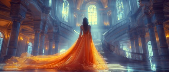 A Girl In A Light Dress Climbs The Stairs Of The Royal Castle. Illustration On The Theme Of Fairy Tales And Fantasy, Wealth And Beauty.  Generative AI