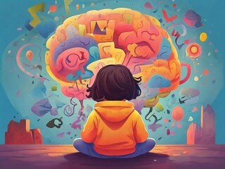 Watercolor style child art design. Thinking process and psychology of kids. status of mind concept. Childrens day. Emotions of children.