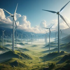 Clean energy, source of alternative electricity. Wind turbines are operating in the vast grasslands