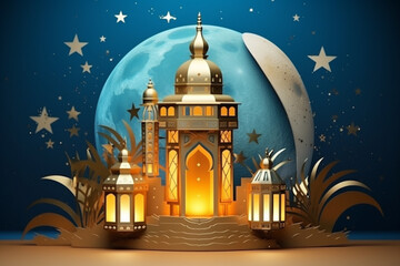 Fototapeta premium Banner consisting from traditional species accessories for celebration holiday Ramadan, Ai generated