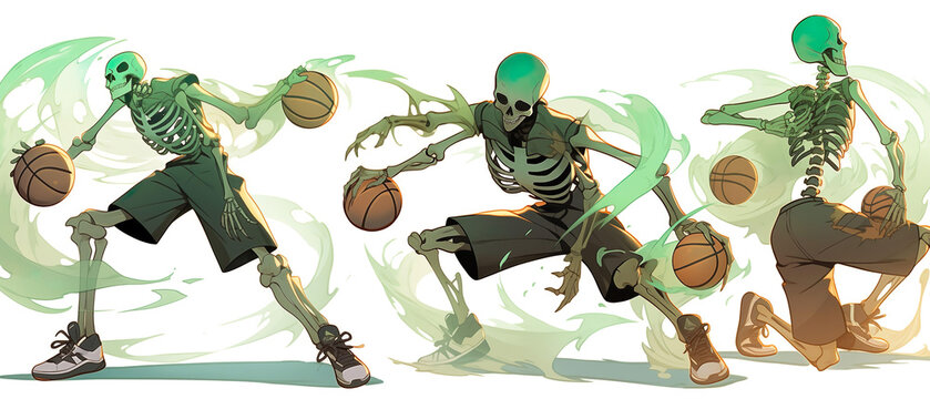 Humorous Character Is Skeleton And Plays A Basketball. Illustration On The Theme Of Comics And Humor, Graphics And Sports. Generative AI