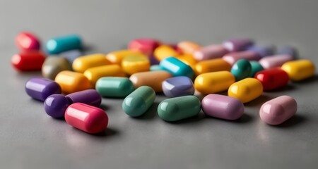 Obraz na płótnie Canvas Vibrant assortment of colorful pills on a gray surface