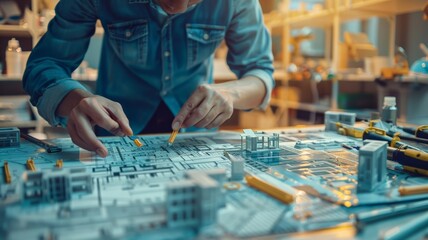 Innovative architecture and building construction projects, creative civil engineering plans Creative graphic design showing the concept of building city infrastructure by architects.