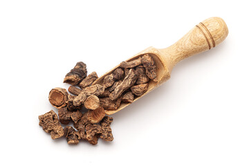 Top view of a wooden scoop filled with Organic Red Sage or Behman Lal (Salvia Haematodes) herb. Isolated on a white background.