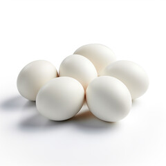  white eggs neatly arranged against a pure white background, symbolizing themes of freshness, health, and natural simplicity