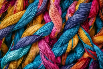 Fotobehang Microscopic image of textile fibers interweaving colorful threads detailed texture stock photo aesthetic © Wonderful Studio
