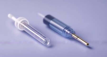 Fototapeta premium Two syringes, one clear and one blue, resting on a surface