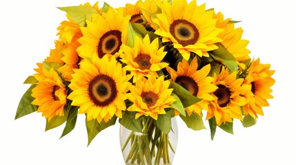 A bouquet of vibrant sunflowers in a vase on a solid white background.