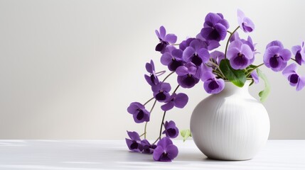 A bunch of purple violets in a vase on a solid white surface