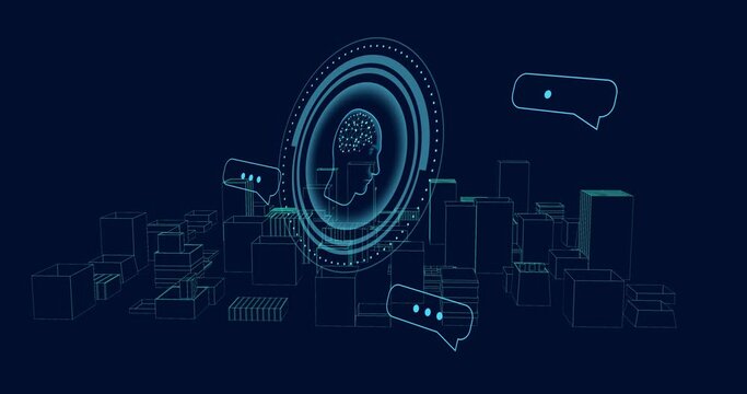 Animation of ai text, brain and data processing over dark background