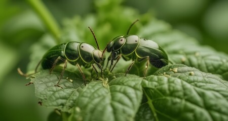  Nature's intricate dance - two bugs in harmony on a leafy stage