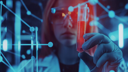 scientist holding medical testing tubes or vials of medical pharmaceutical research with blood cells and virus cure using DNA genome sequencing biotechnology  - obrazy, fototapety, plakaty