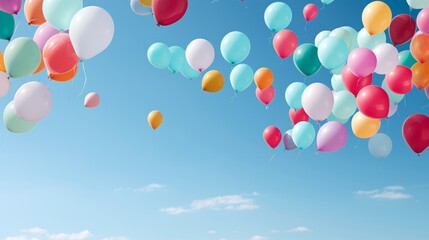A collection of assorted colored balloons floating against a clear blue sky, with a solid white background.