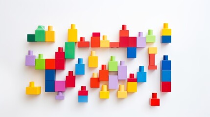 A collection of colorful toy blocks arranged in a pattern on a solid white background