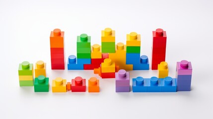 A collection of colorful toy blocks arranged in a pattern on a solid white background