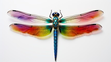 A colorful dragonfly with intricate wings on a solid white surface
