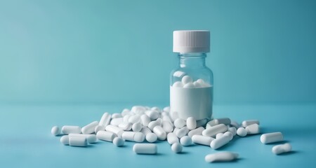  Pills spilled from a bottle, a symbol of health and wellness