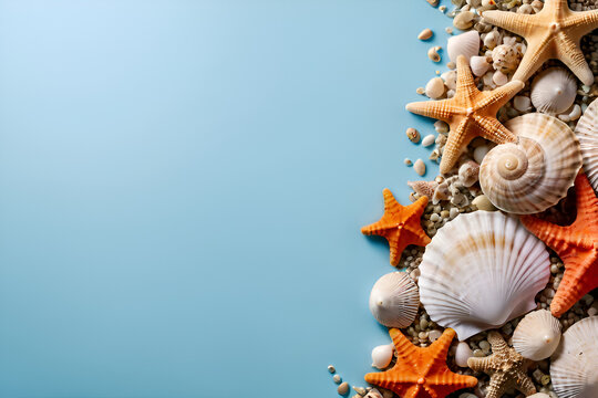 Seashells and coral reef with copy-space decoration background concept, blank space.