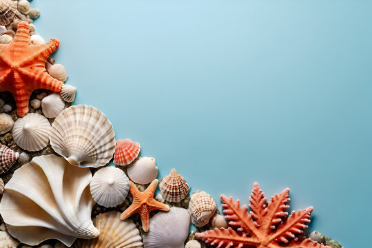 Seashells and coral reef with copy-space vacation background concept, blank space.