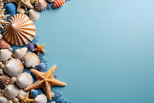 Seashells and coral reef with copy-space tropical background concept, blank space.