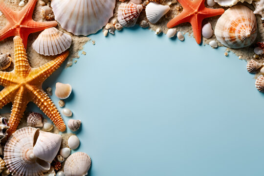 Seashells and coral reef pearl with copy-space background concept, blank space.